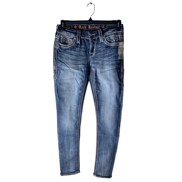 Rock Revival Rima Jeans Womens 26 Embellished Easy Skinny Leg Med Blue Denim NWT - Picture 1 of 16